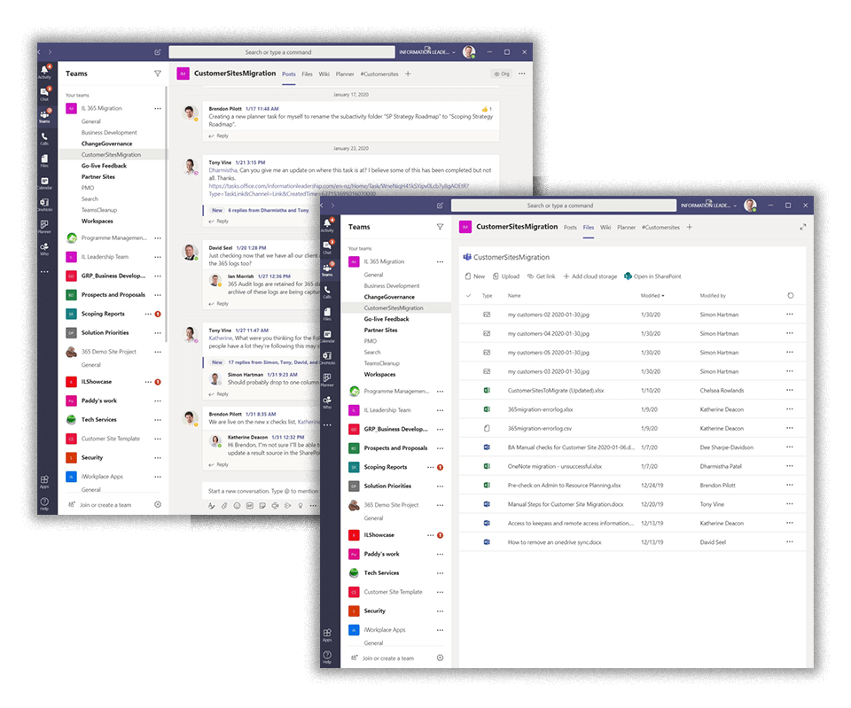 feature - screenshots of a Microsoft Teams chat and a Microsoft Teams channel