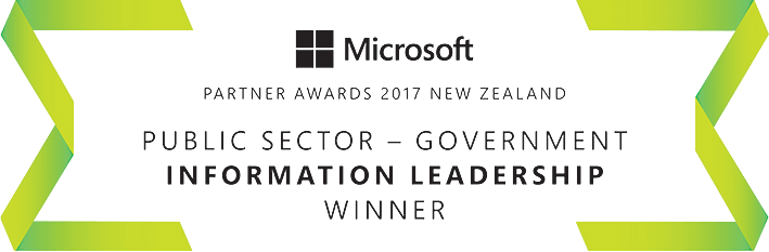 award - A Microsoft Awards 2017 New Zealand banner, declaring Information Leadership as the winner for: public sector - government