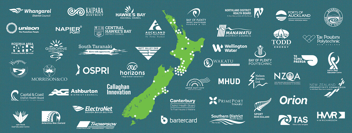 A New Zealand map of Information Leadership's Office 365 customers, with their logos 2020-02